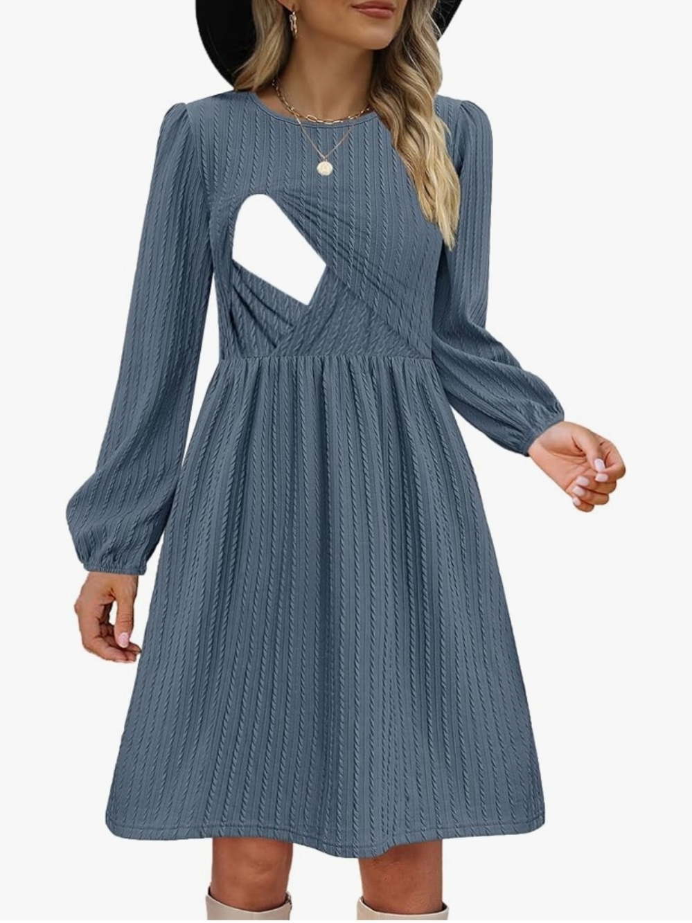 CzzzyL Dusty Blue Long-Sleeve Nursing Dress